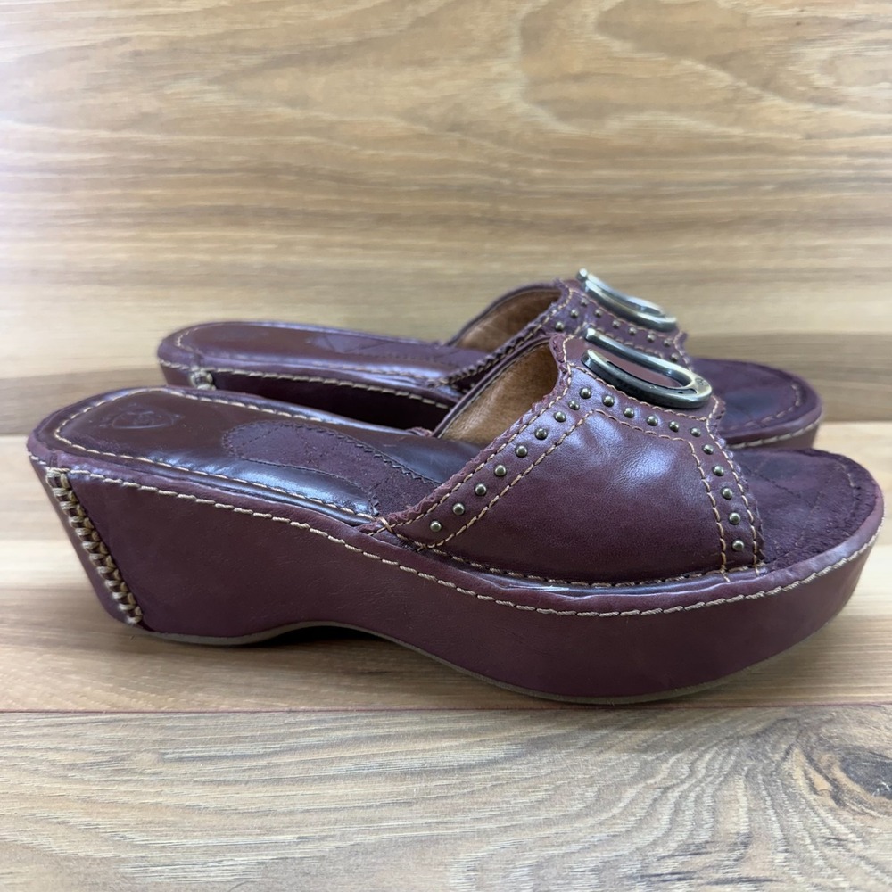 ARIAT Horse Shoe Wedge Chunky Sandals 7.5 M Brown Leather Y2K Slide Slip On
